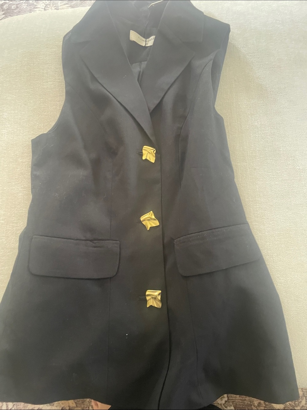 Commense Black Sleeveless Tailored Vest with Gold Sculpted Buttons